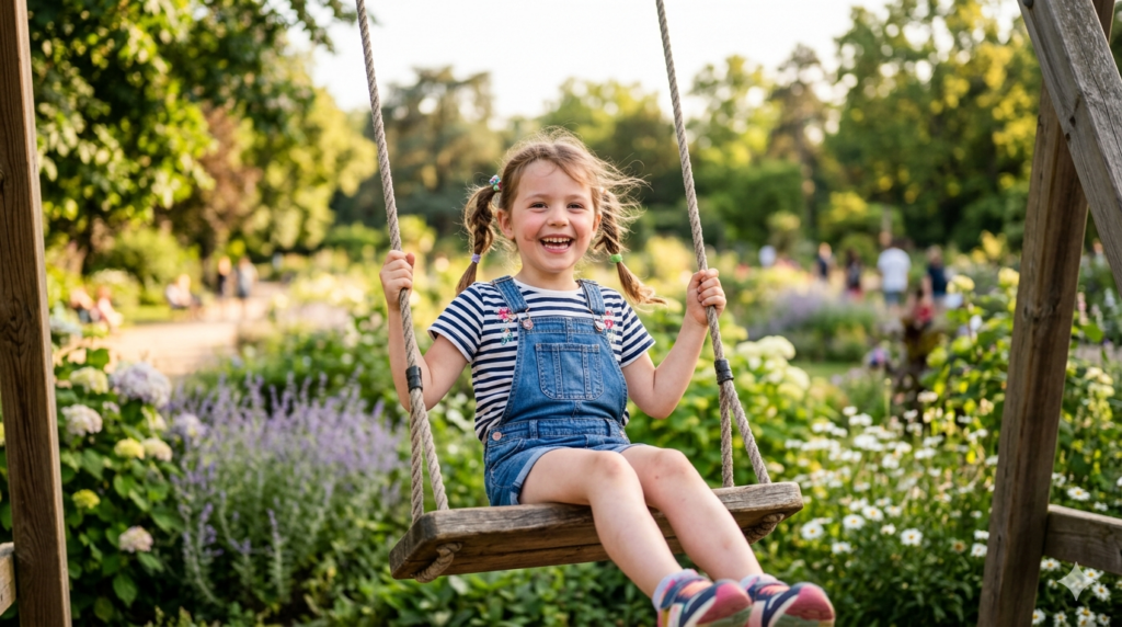 Photo d'un enfant souriant en train de faire de la balançoire symbolisant l'équilibre trouvé grâce aux accords toltèques