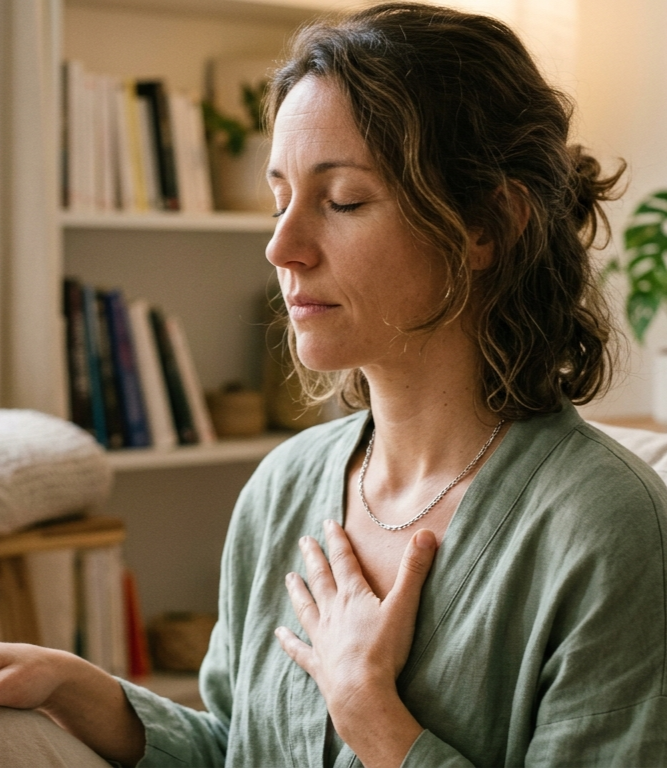 Photo d'une femme en train de faire de la relaxation suite à sa séance de sophrologie avec Camille, sophrologue à Val d'Arc, en Maurienne (Savoie)