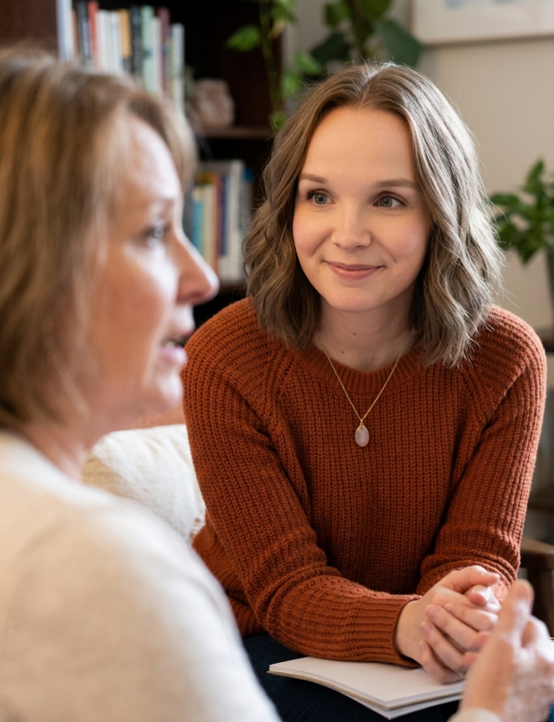 Photo de Camille, sophrologue à Val d'Arc, en Maurienne, en Savoie, en pleine consultation de sophrologie avec une consultante