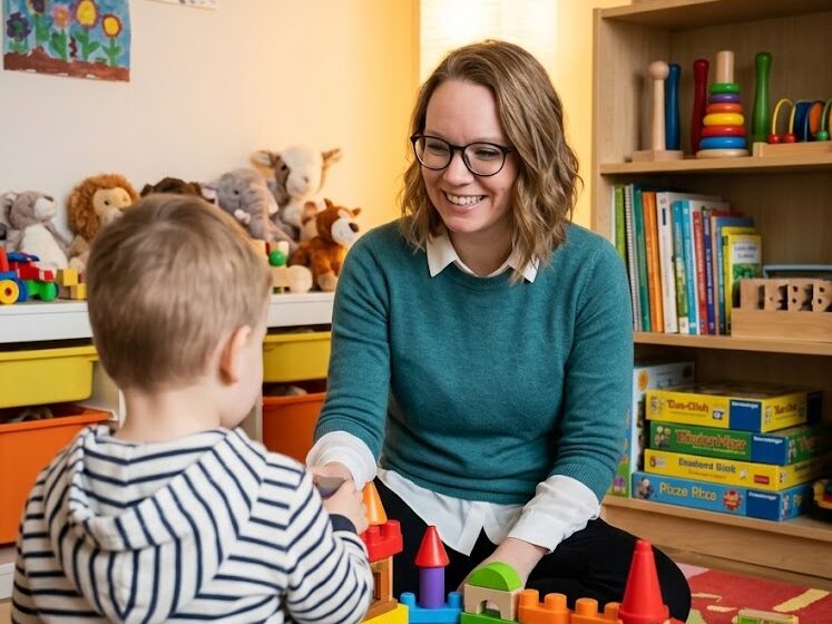 Photo de Camille, sophrologue à Val d'Arc, en Maurienne, en Savoie, qui joue avec une jeune enfant dans son cabinet de sophrologie