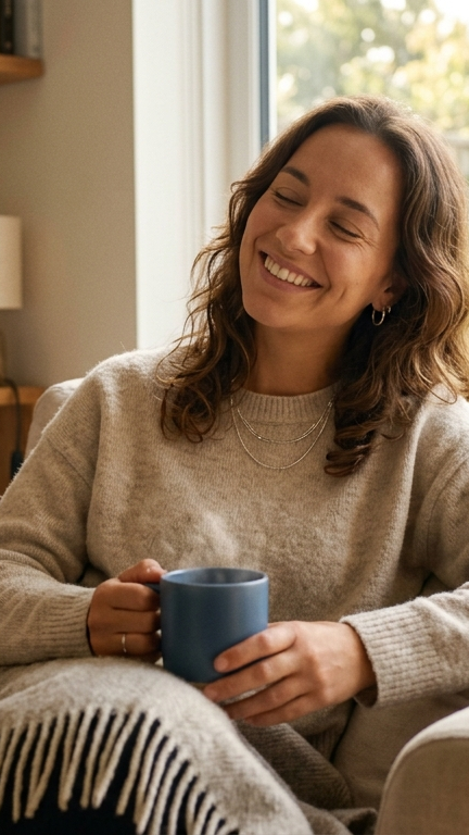 Photo d'une femme souriante après avoir été accompagnée pour son burn out au cabinet de sophrologie de Val d'Arc en Savoie