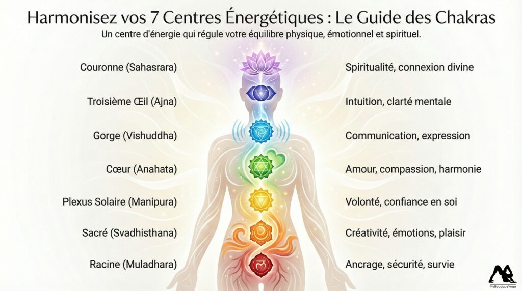 Illustration représentant les 7 chakras principaux du corps humain et les émotions et champs d'action concernés par chacun d'eux
